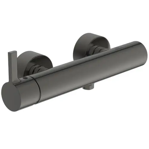 Brausearmatur in mattem Grau von Ideal Standard mit einem runden Design und einem seitlichen Hebel zur Einstellung der Wassertemperatur und -menge.